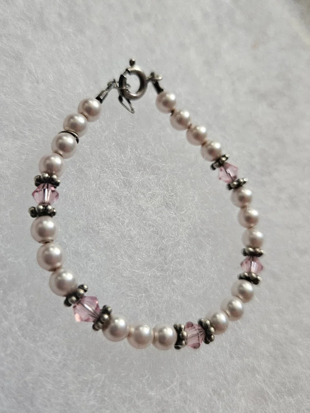 Vintage Toddler Faux Pink Pearl and Crystal Sterling Silver Bracelet Lenght 5